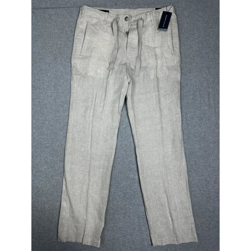 NWT Perry Ellis Linen Pants Mens 32x31 Beige Drawstring Straight Trousers
